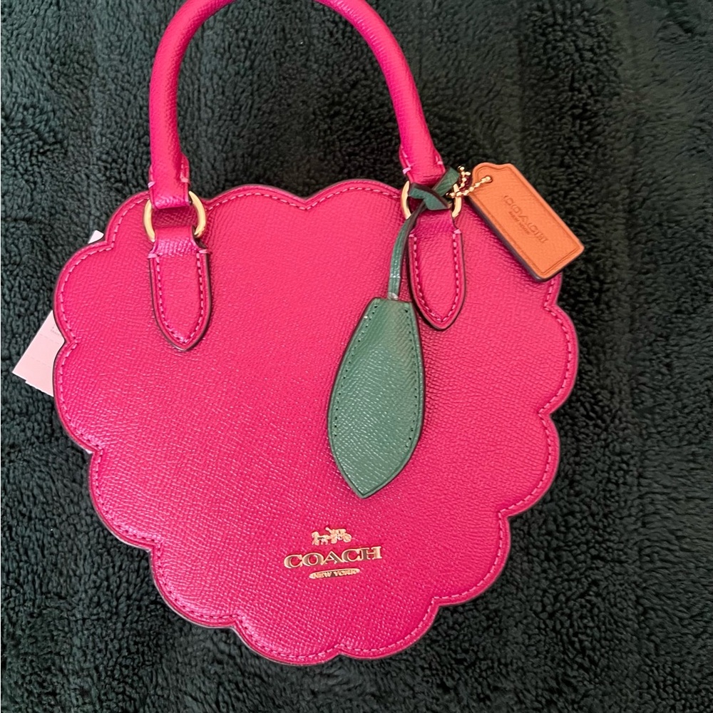 COACH Raspberry Scalloped Leather Mini Top-Handle Bag with Green Leaf Charm